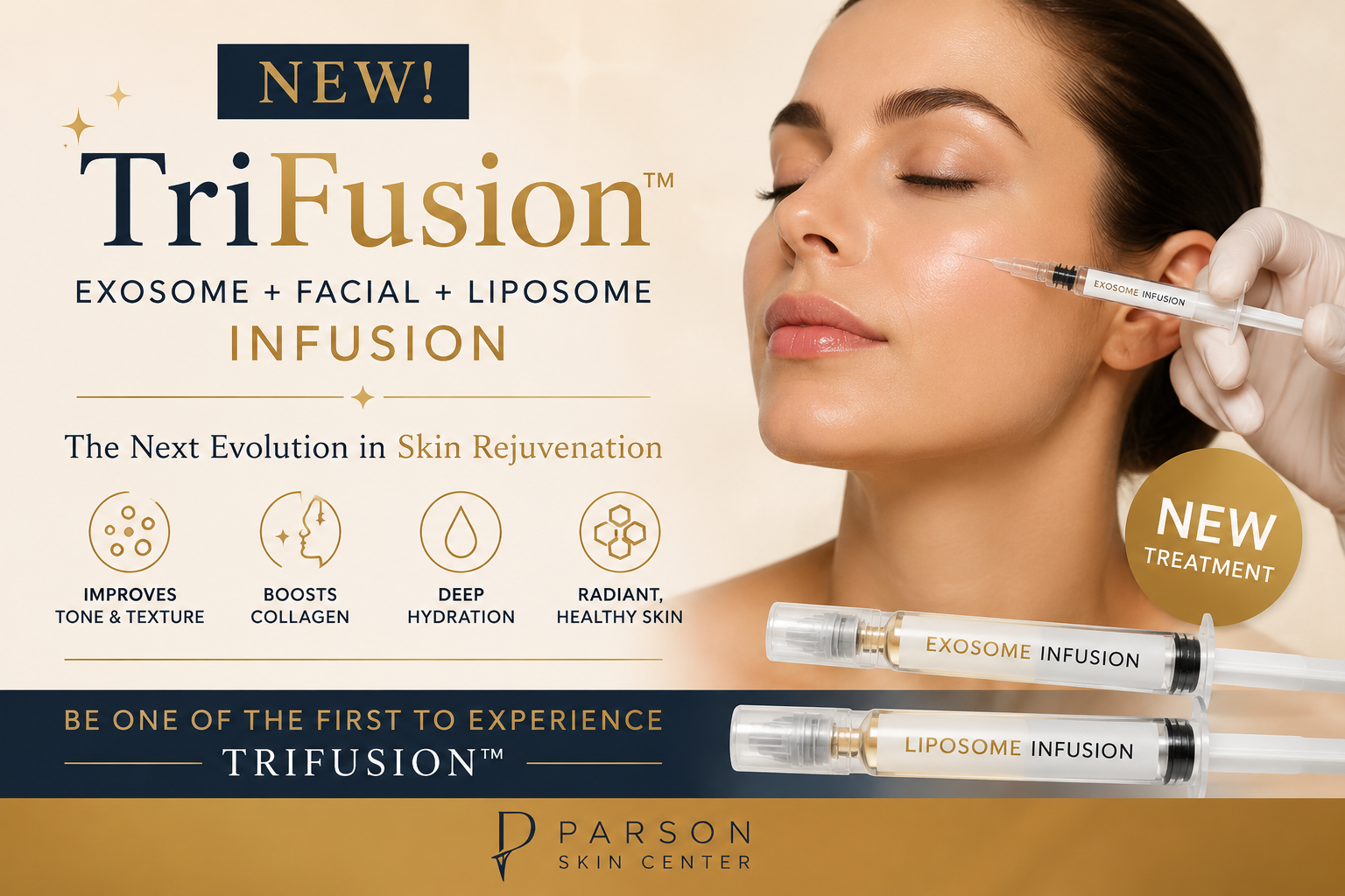 TriFusion treatment combining exosomes, facial, and liposome infusion for skin rejuvenation.